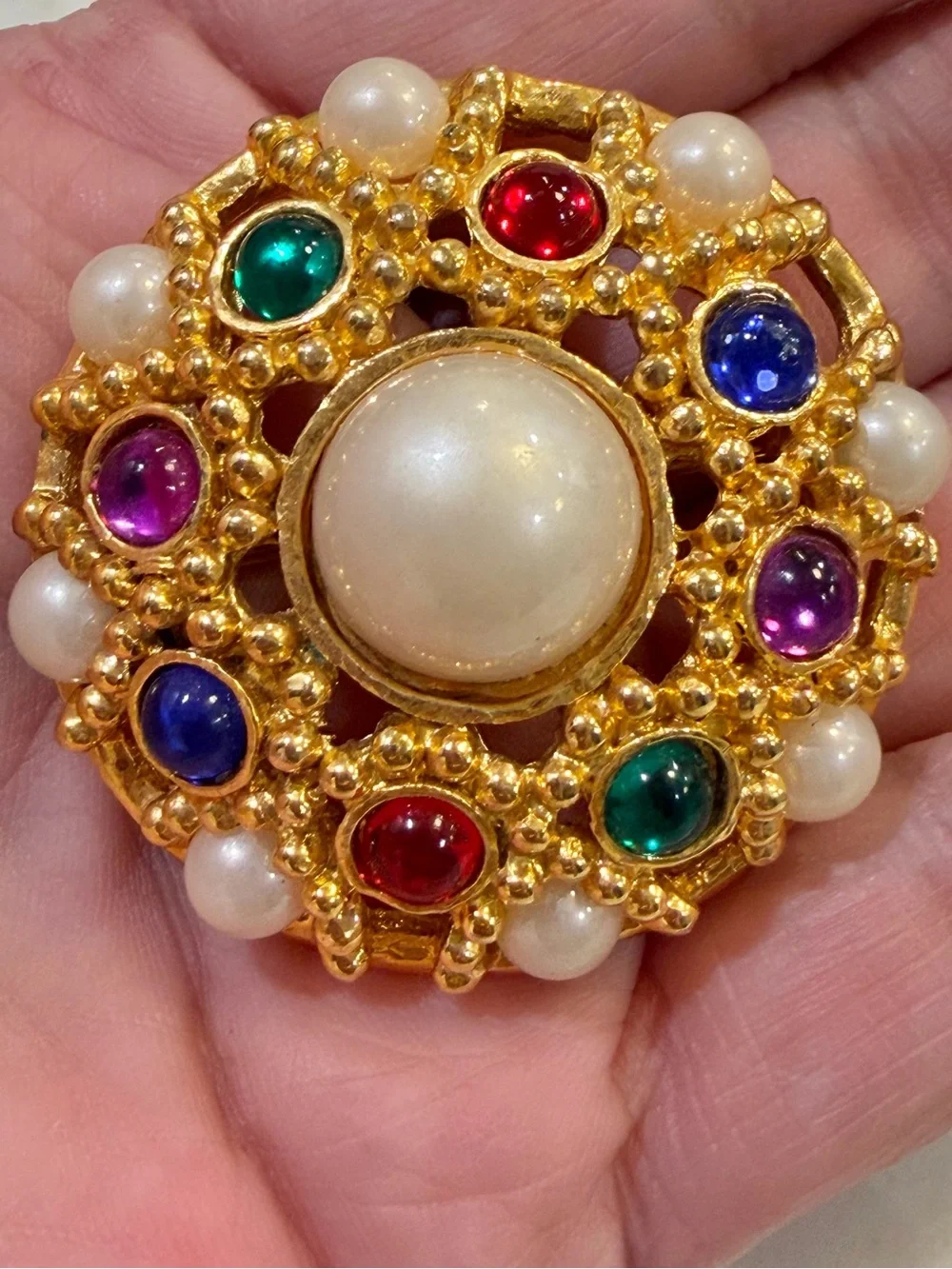 Gold-Tone Multicolor Cabochon & Pearl Cluster Brooch